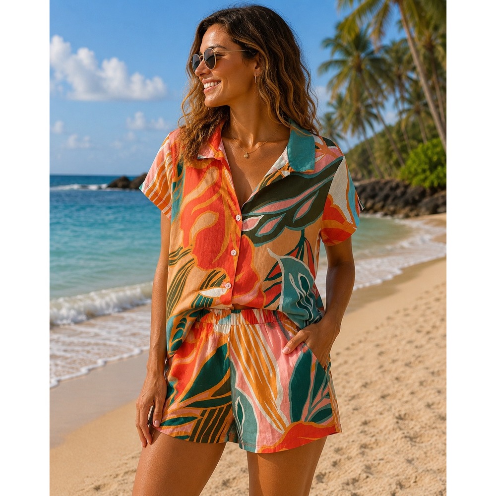 Vitamin A Shorts Set Women XS Multicolor NEW Tropical Linen Blend 2 Piece Set - Picture 1 of 16